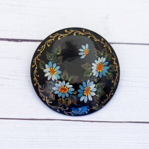Vintage Wooden Circular Floral Motif Elegant Brooch - S36